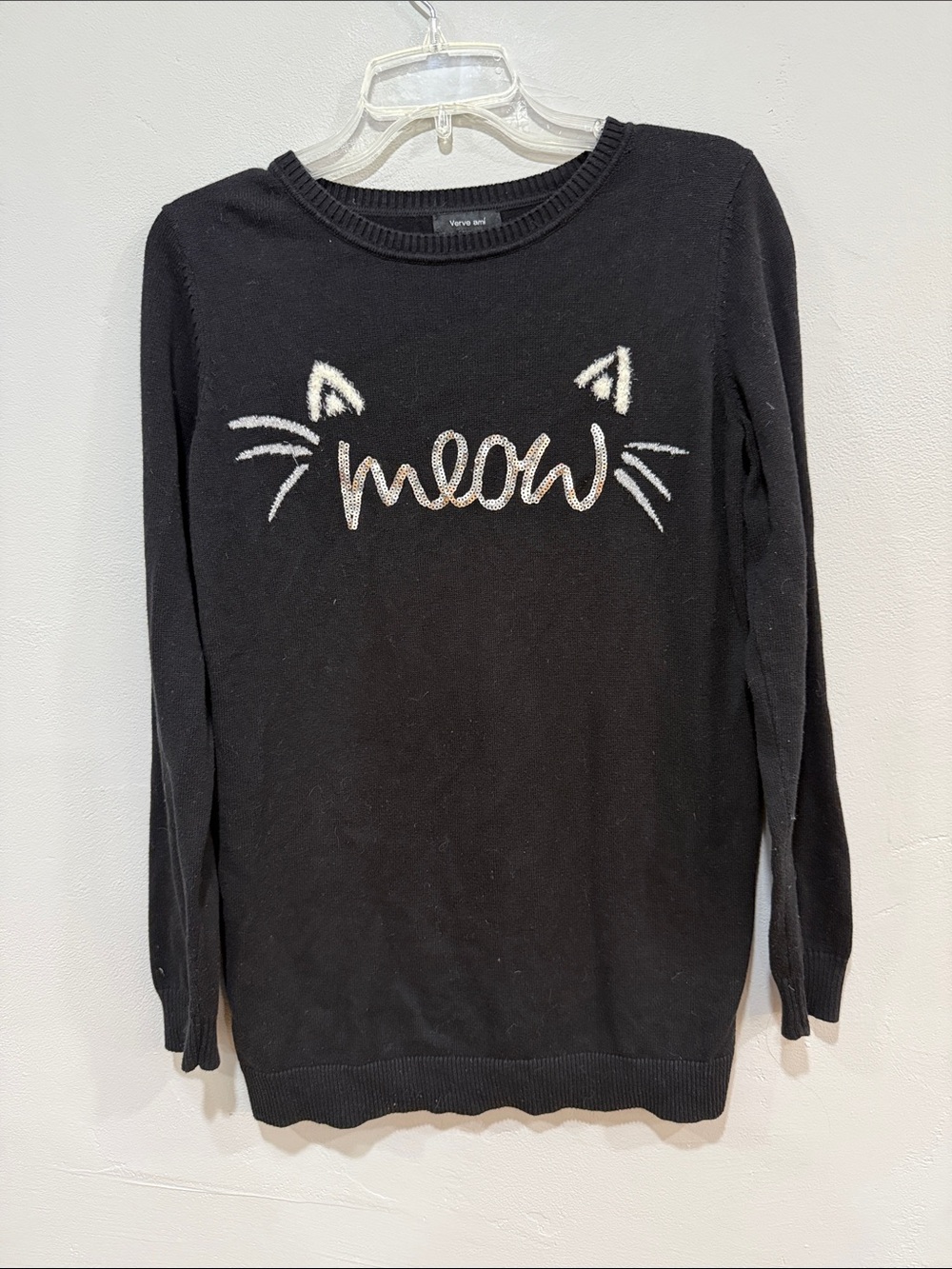 Verve Ami Black Cat 'Meow' Crewneck Sweater Size medium